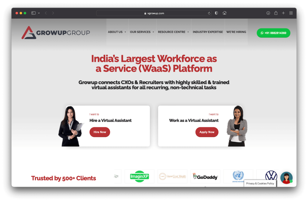 GrowUp Group Virtual Assistant Company Website Screenshot