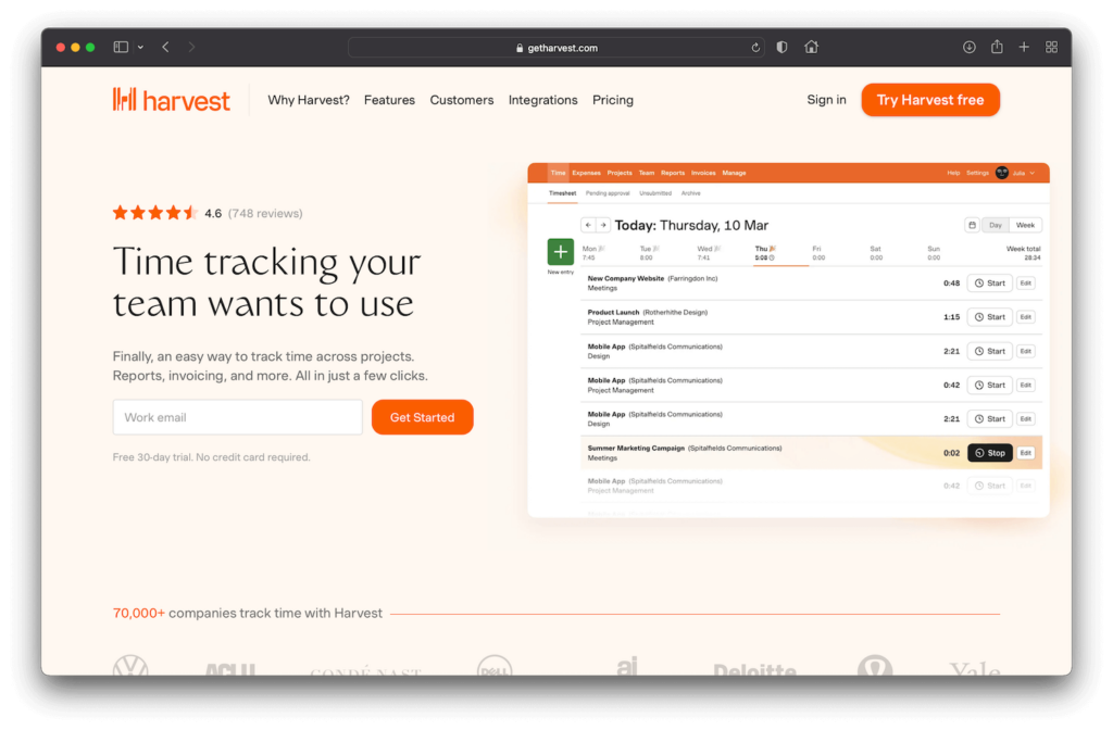 Harvest Time Tracking Clockify Alternative Website Screenshot