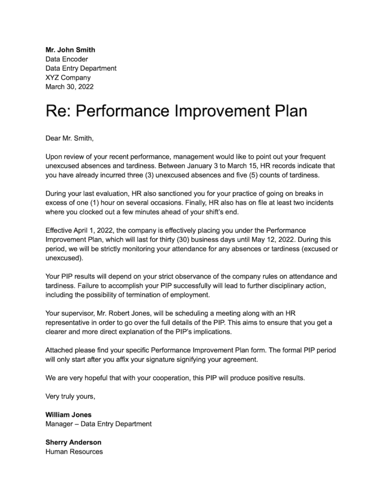 performance improvement plan cover letter