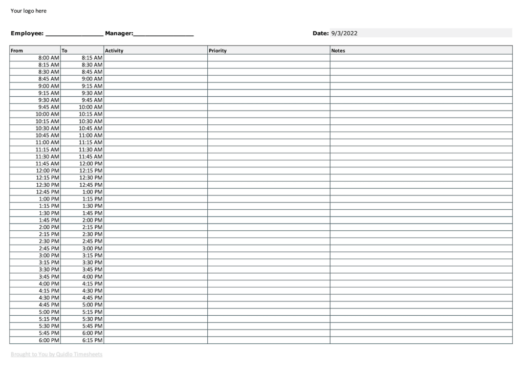 Timeboxing Excel spreadsheet template preview