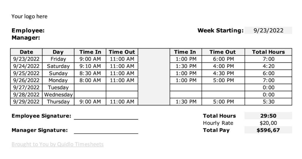 Weekly time tracking Excel spreadsheet template preview