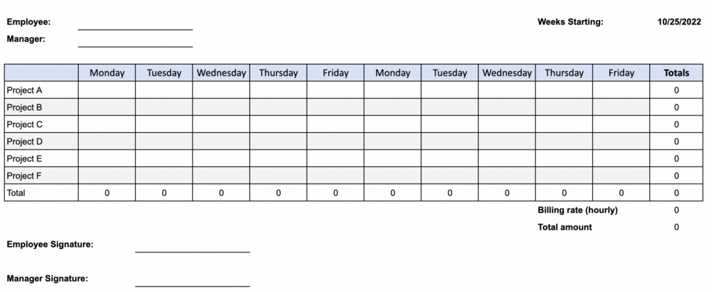 Google Sheets Bi-Weekly Time Tracking Template Preview