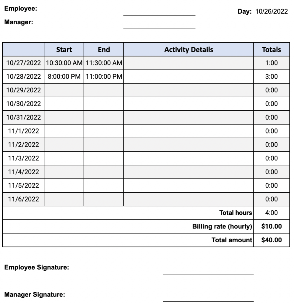 Google Sheets Contractor Time Tracking Template Preview