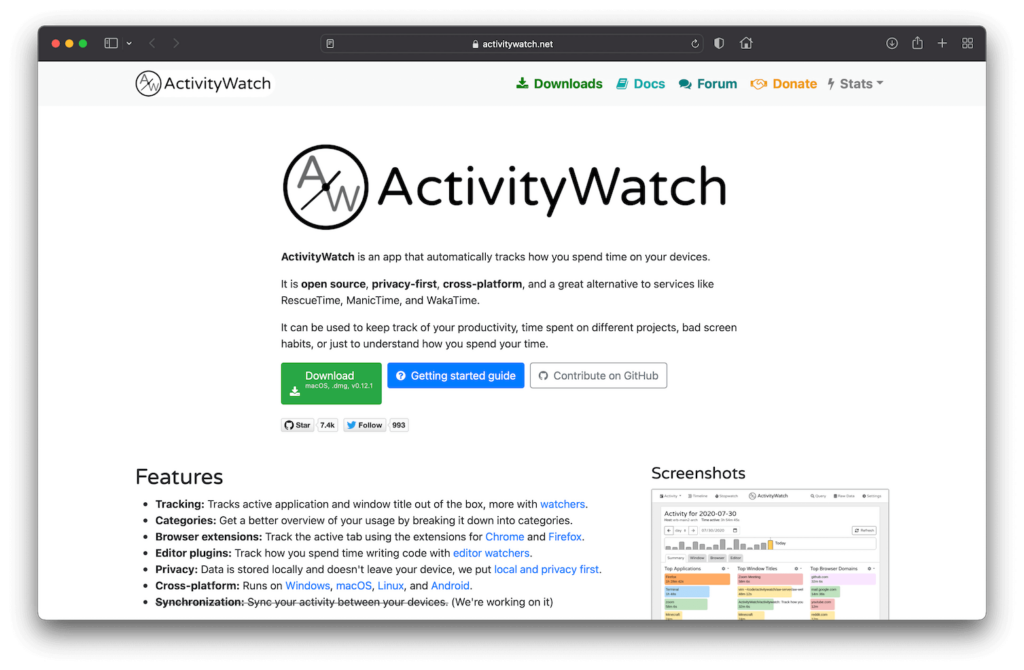 ActivityWatch Free Open Source Time Tracking Software Website Screenshot