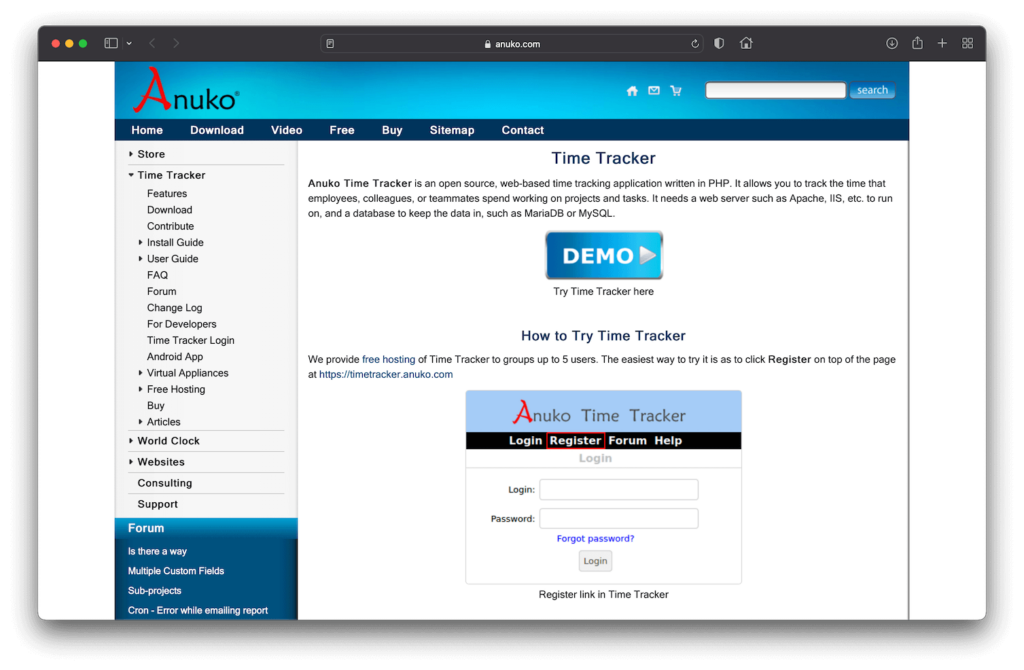 Anuko Free Open Source Time Tracking Software Website Screenshot