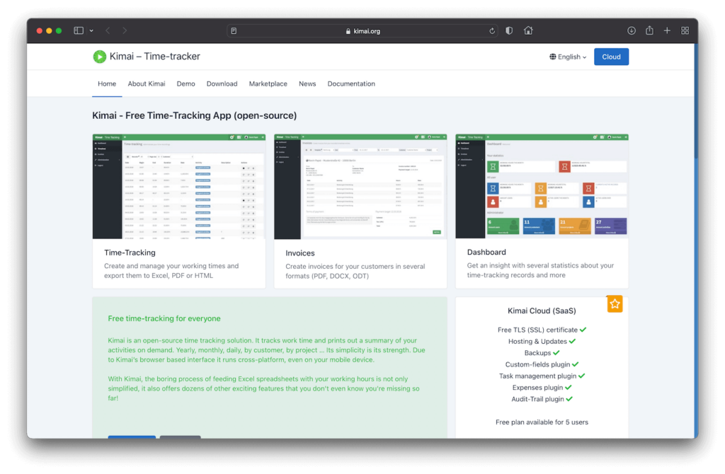 Kimai Free Open Source Time Tracking Software Website Screenshot