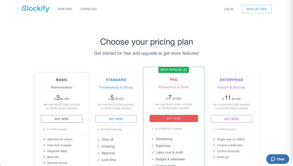 Clockify Pricing Plans