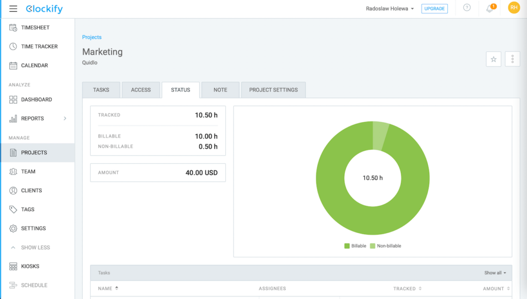 Clockify Project Dashboard