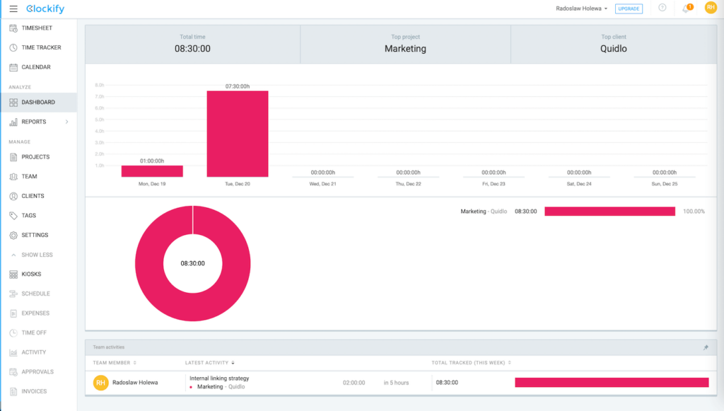 Clockify Team Activity Dashboard View