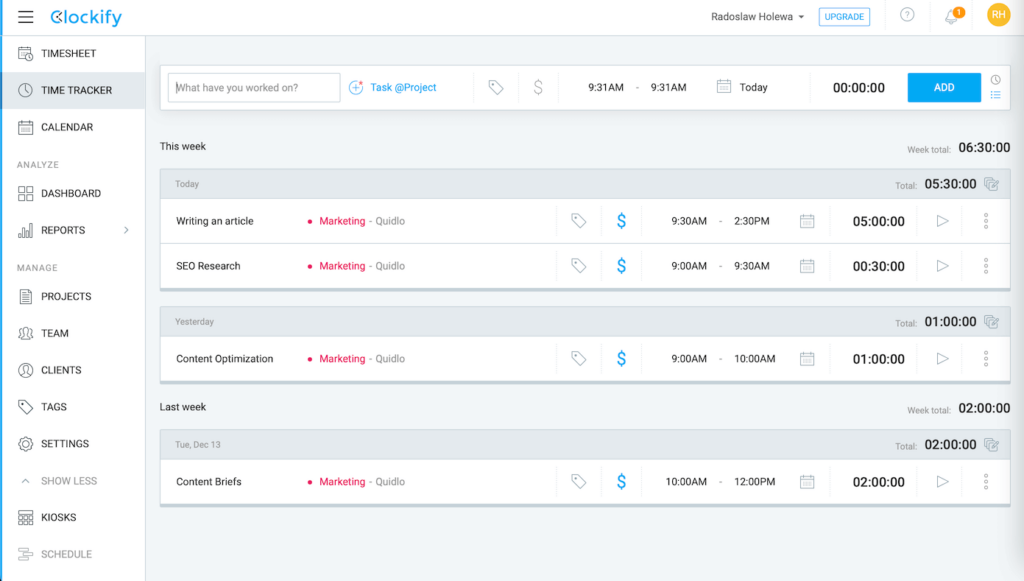 Clockify Employee Timesheet Software Screenshot