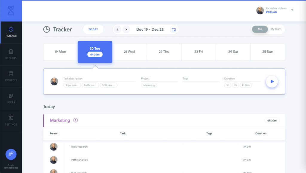 Quidlo Timesheets Time Tracker View