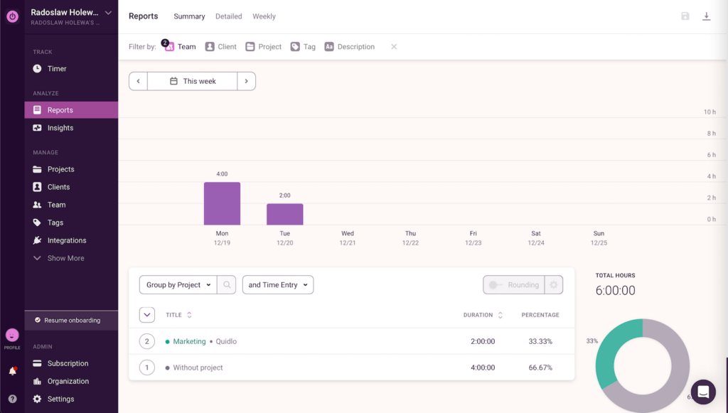 Toggl Summary Report View