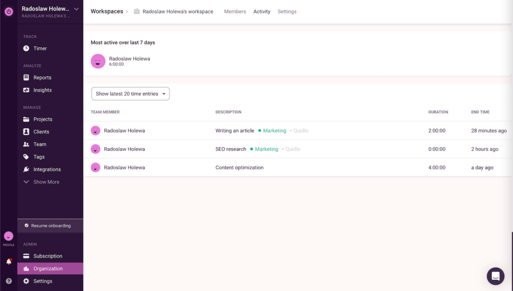 Toggl Team Activity Dashboard View