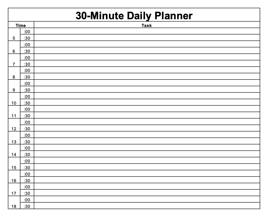 30 Minute Daily Time Blocking Template Preview