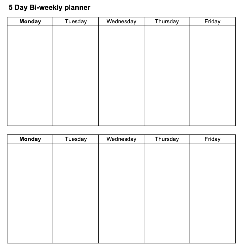 5 Day Bi-weekly Time Blocking Planner Template Preview