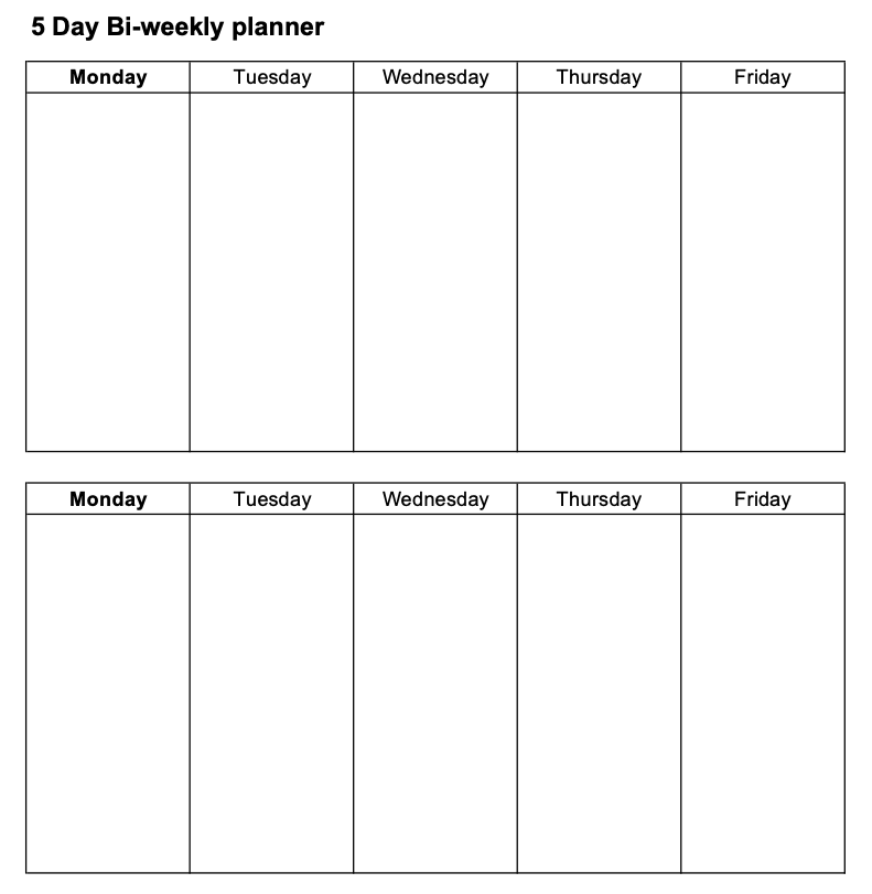 Five Day Weekly Planner Printable & Fillable PDF Week Days 