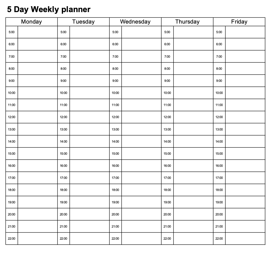 5 Day Weekly Time Blocking Planner Template Preview