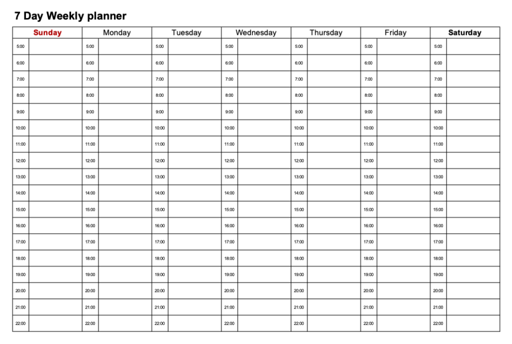 7 Day Weekly Time Blocking Planner Template Preview