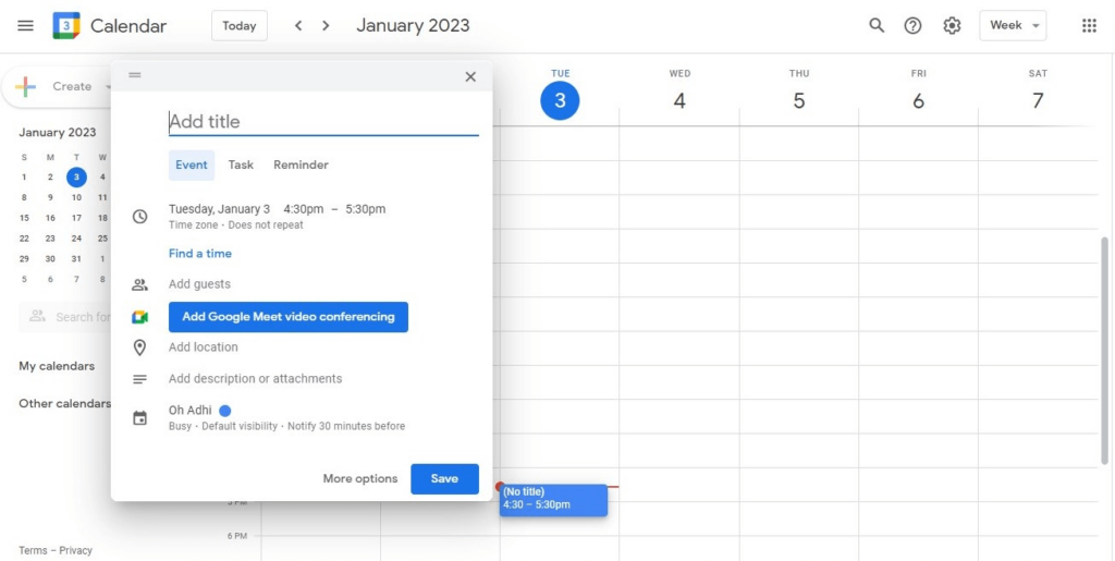 Google Calendar Event Entry Window Preview