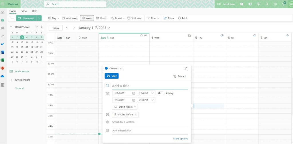 Microsoft Calendar Event Entry Window Preview