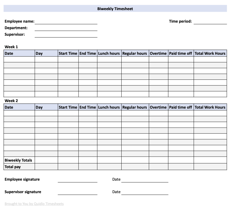 Biweekly Timesheet Template Preview