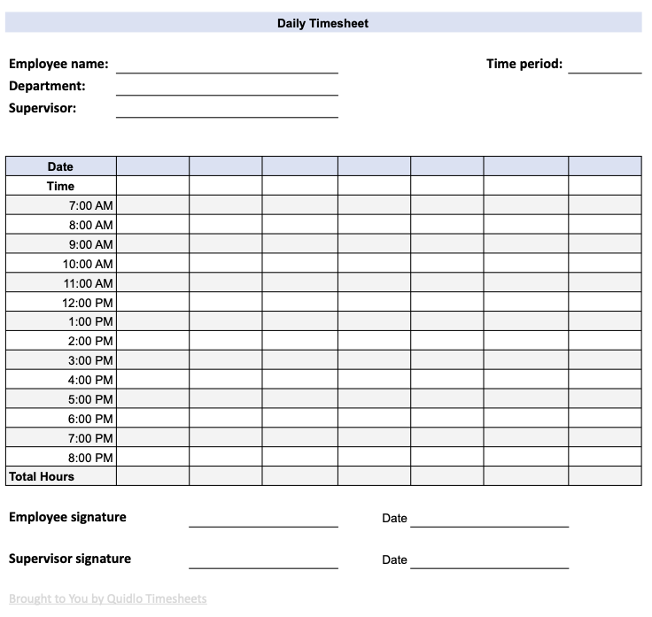 Daily Hourly Timesheet Template Preview