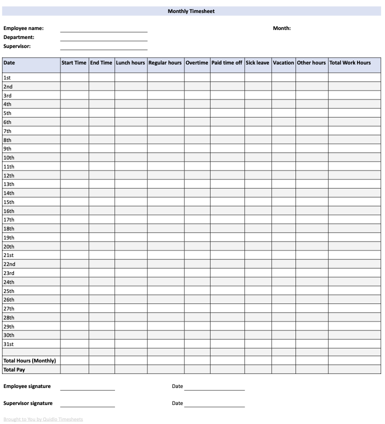 Monthly Timesheet Template Preview