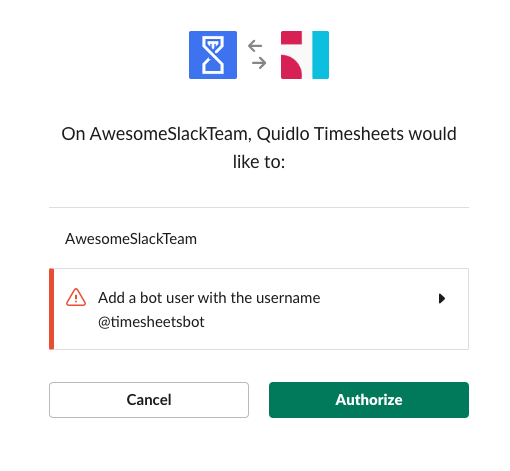 Slack authorize Quidlo Timesheets time tracking chatbot
