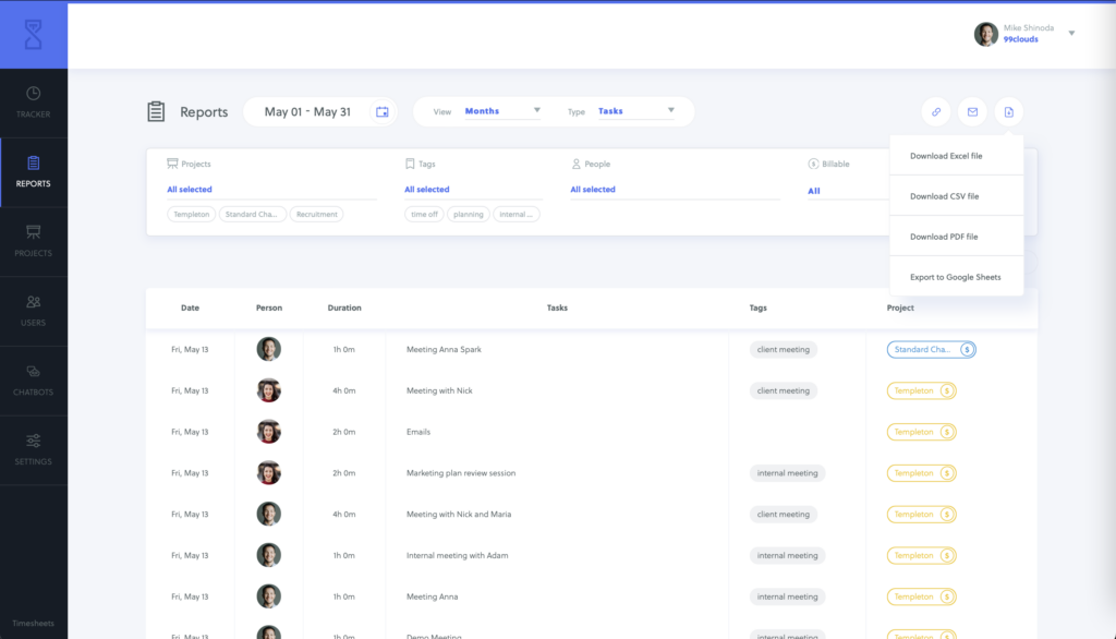 Quidlo Timesheets export time report drop-down list