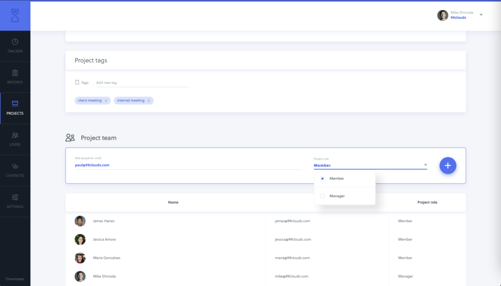 Quidlo Timesheets adding new project member