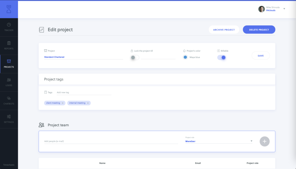 Quidlo Timesheets edit project settings