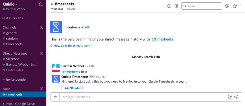 Direct slack conversation with Quidlo Timesheets time tracking chatbot