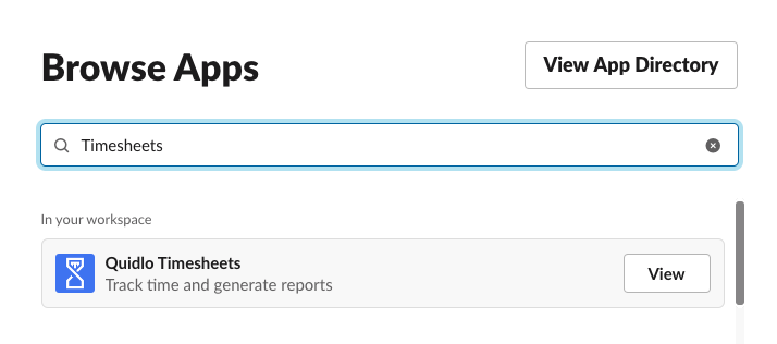 Slack Marketplace search for Quidlo Timesheets time tracking chatbot